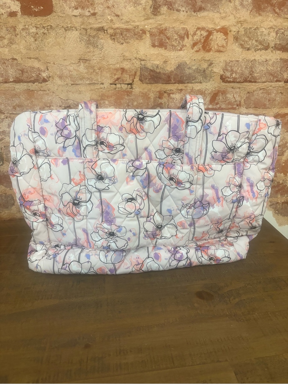 Vera Bradley Quilted Floral Tote in White with Pink and Purple Accents